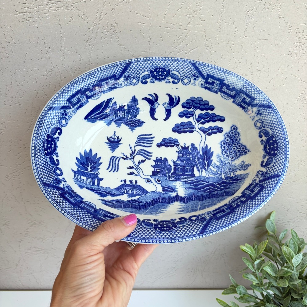 Vintage Blue Willow Oval Serving Bowl Japan Blue White Transferware Ceramic 10in